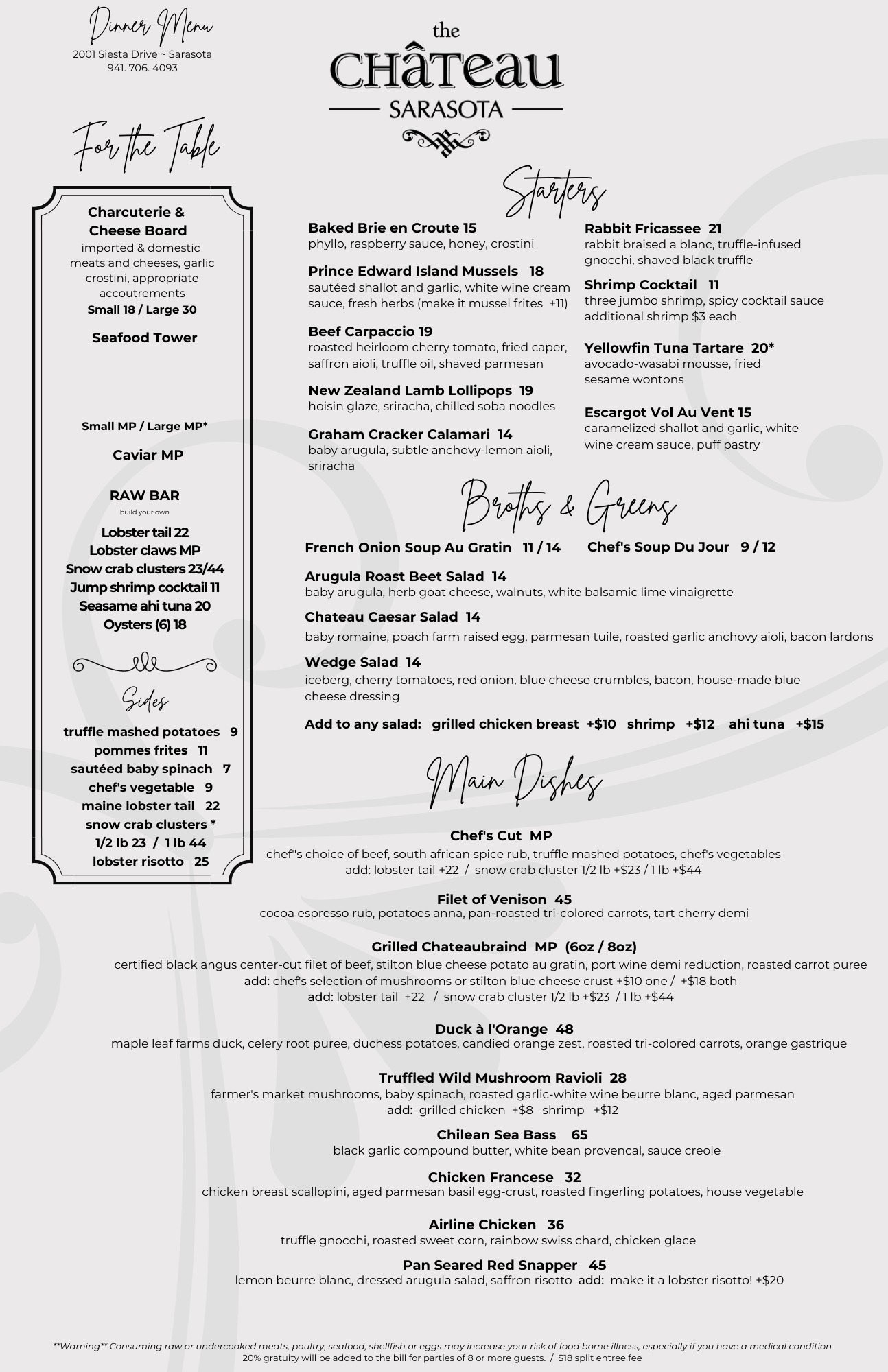 Sarasota Menu The Chateau Restaurants